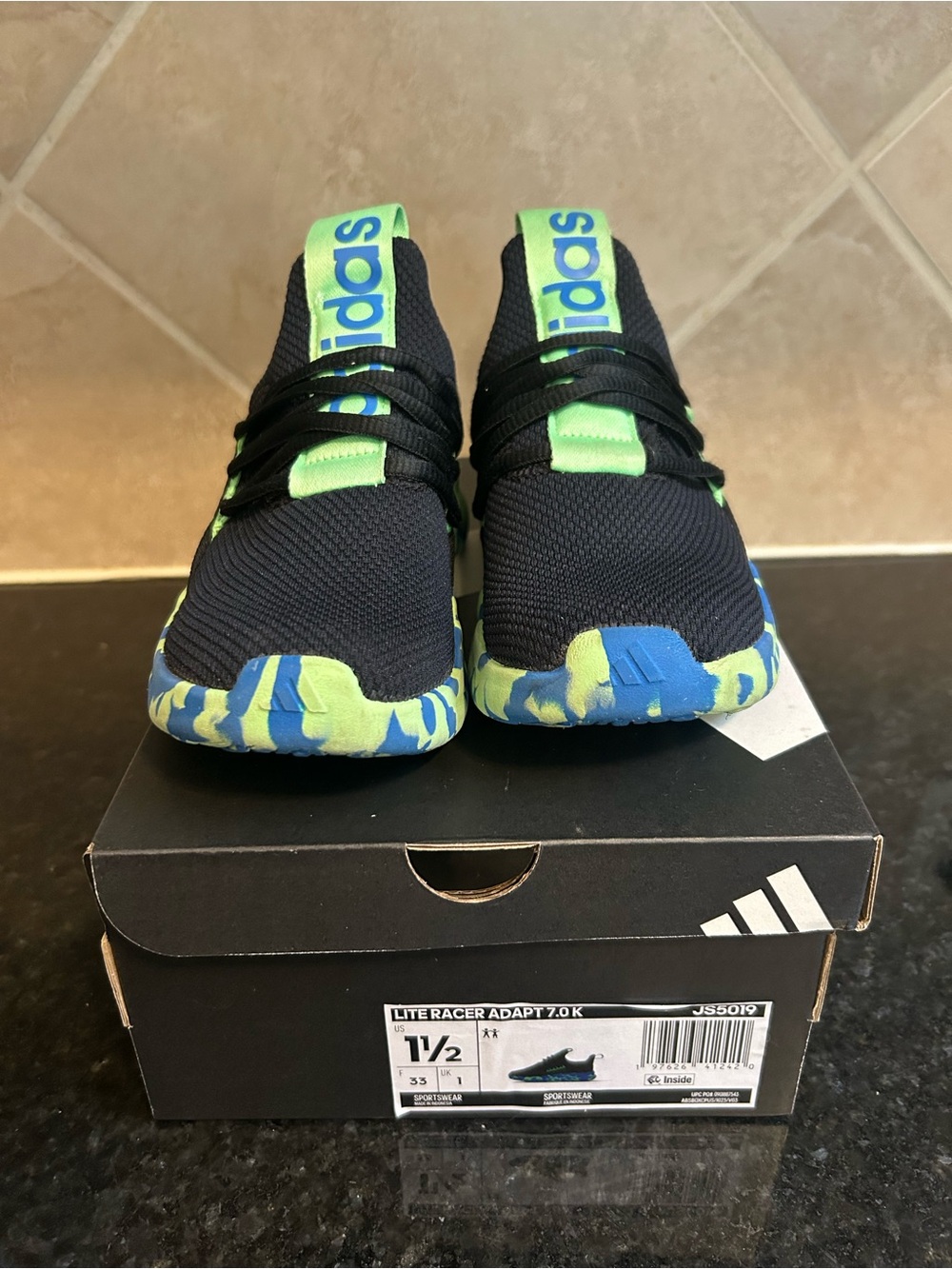 Adidas Kids Black with Neon Green & Blue Pattern Slip-On Sneakers-Boys/Girls